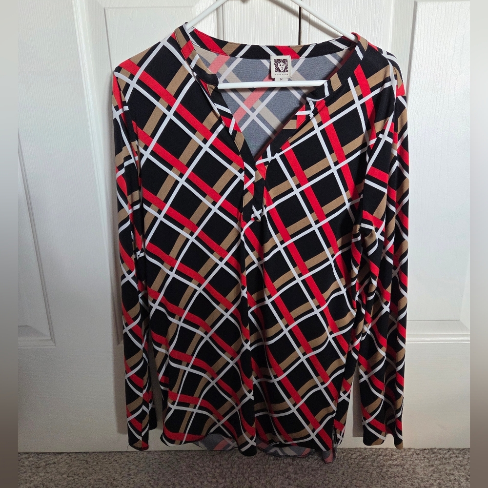 Anne Klein Plaid Long Sleeve Top